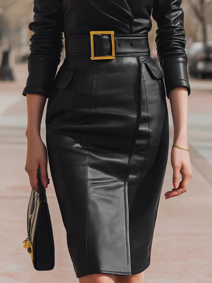Valentina Noir™ | Belted Leather Blazer Dress