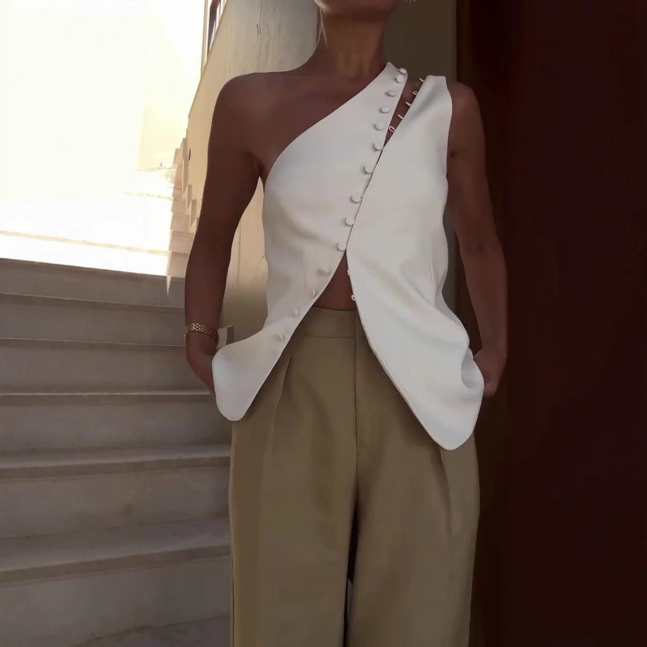 Barbican Ascent™ | One-Shoulder Button Detail Top