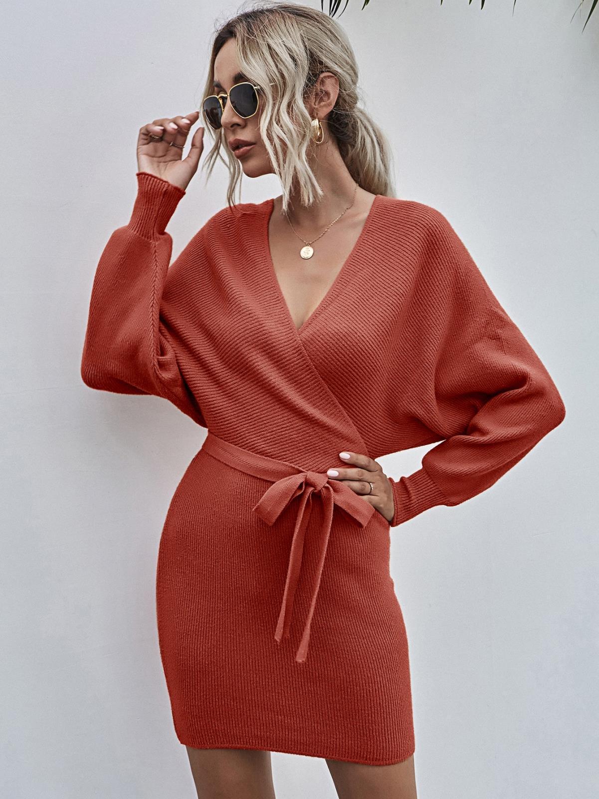 Maelle™ | V‑Neck Knit Dress with Balloon Sleeves