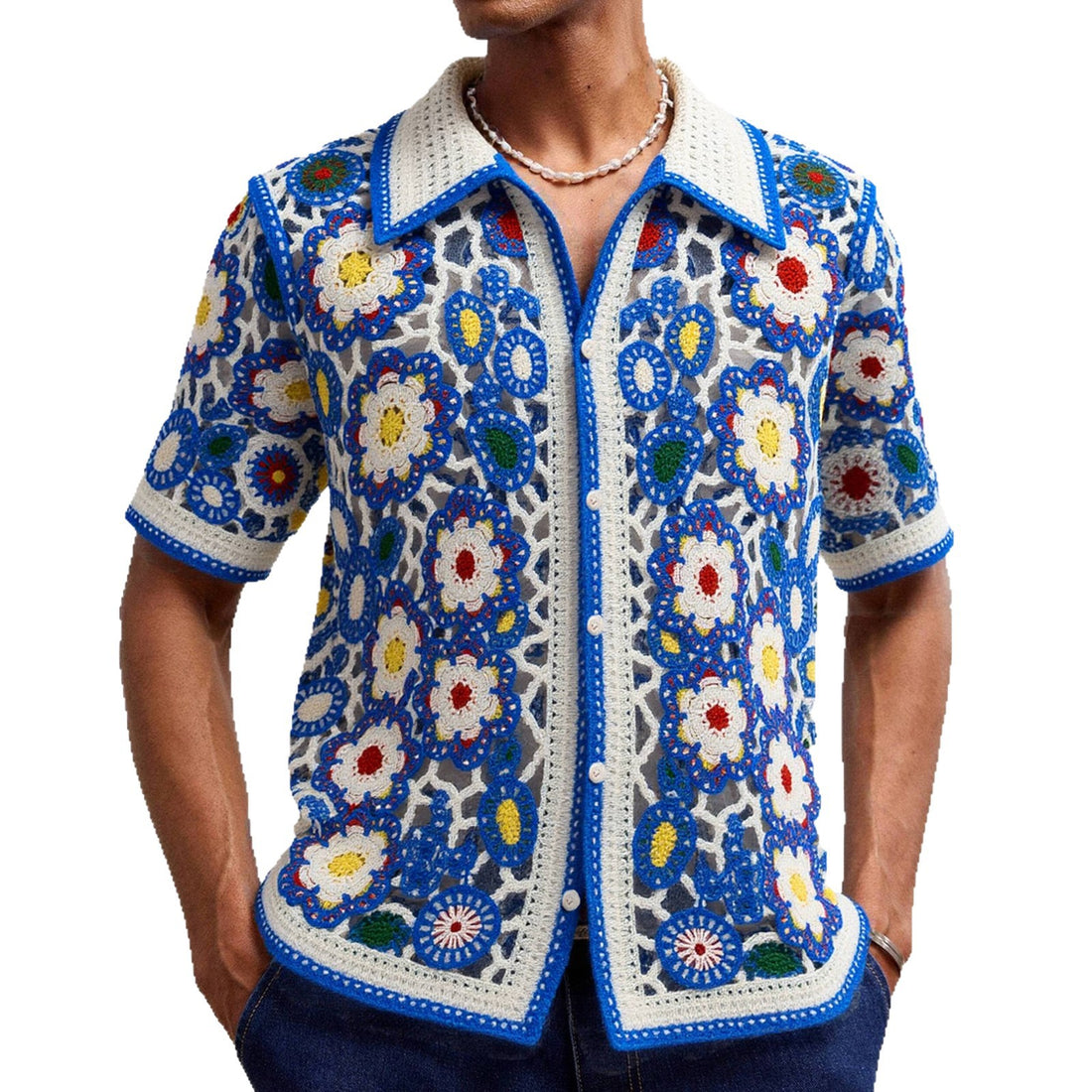 Riviera Crochet™ | Blue Trim Summer Shirt