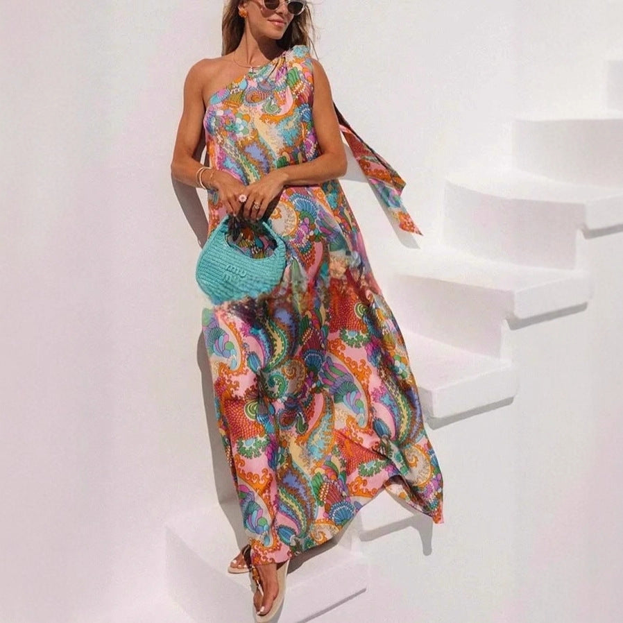 Riviera Bloom™ | One-Shoulder Satin Maxi Dress