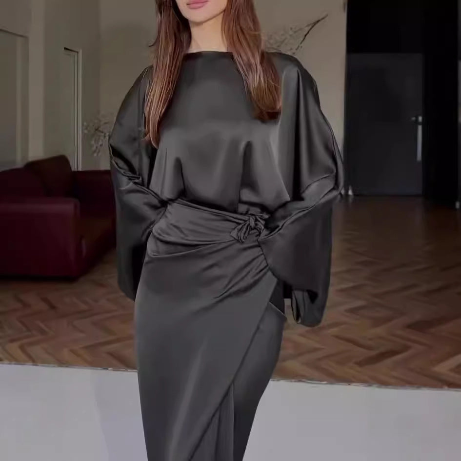 Soho Radiance™ | Flowing Batwing Satin Dress
