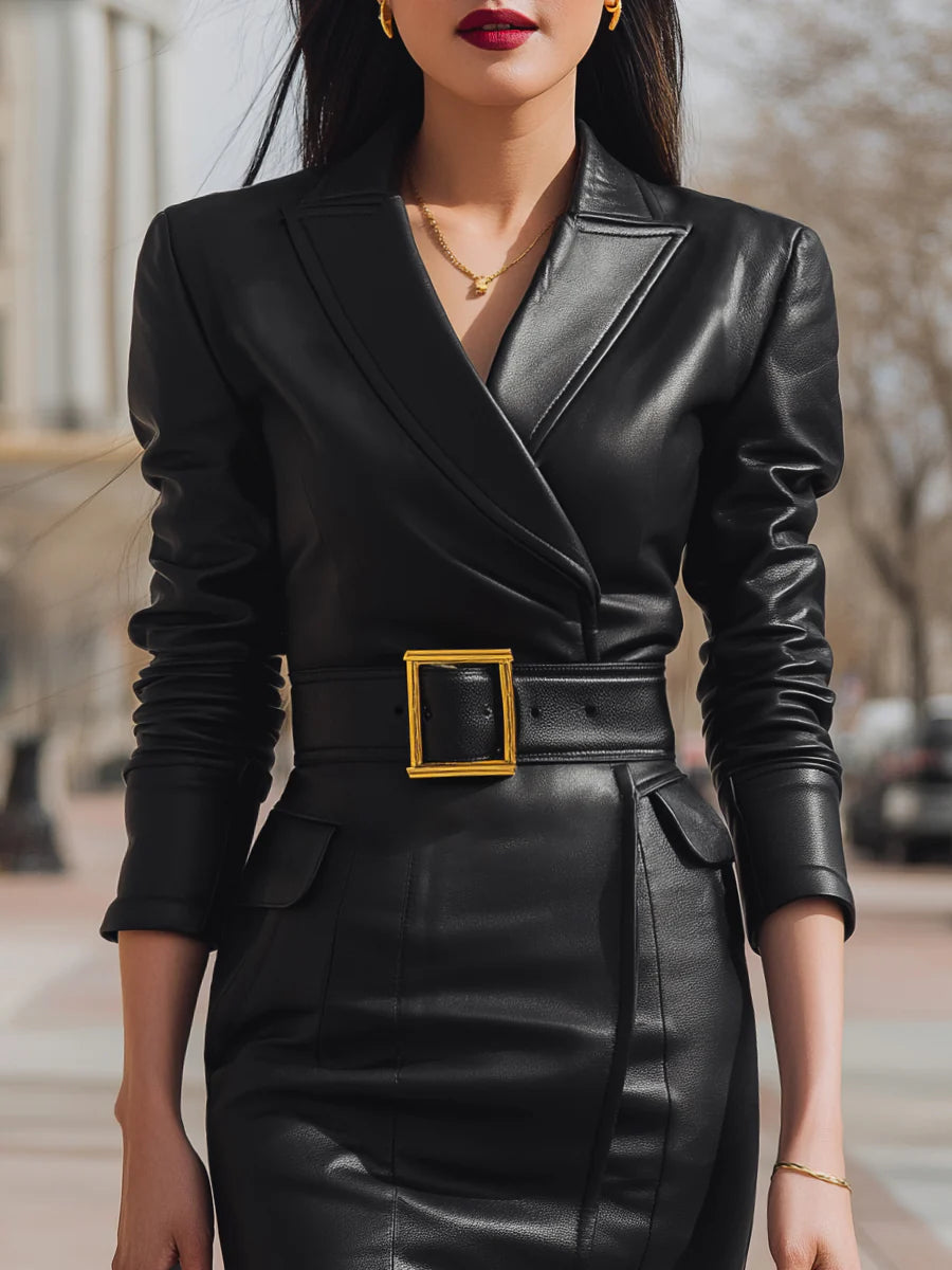 Valentina Noir™ | Belted Leather Blazer Dress