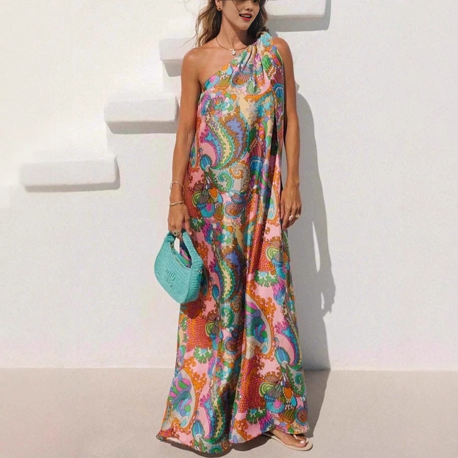 Riviera Bloom™ | One-Shoulder Satin Maxi Dress