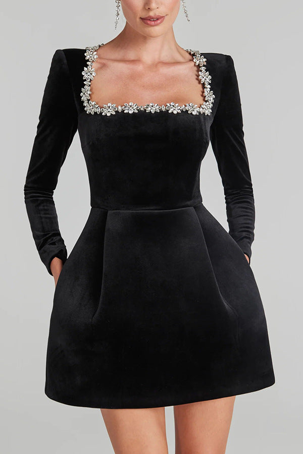 Chelsea Velvet™ | Jewel-Collar Pocketed Party Dress