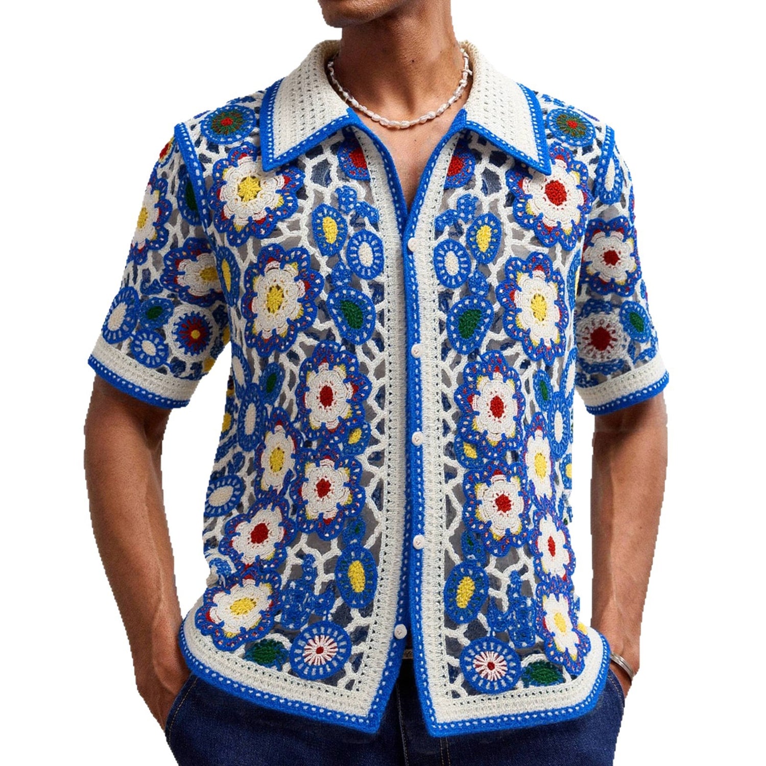 Riviera Crochet™ | Blue Trim Summer Shirt