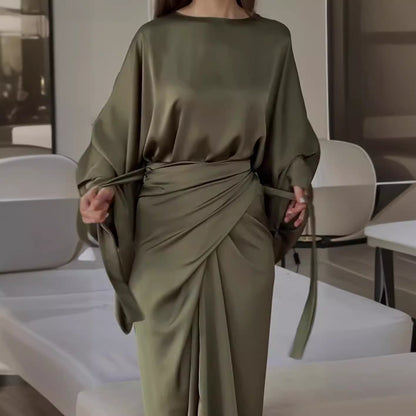 Soho Radiance™ | Flowing Batwing Satin Dress