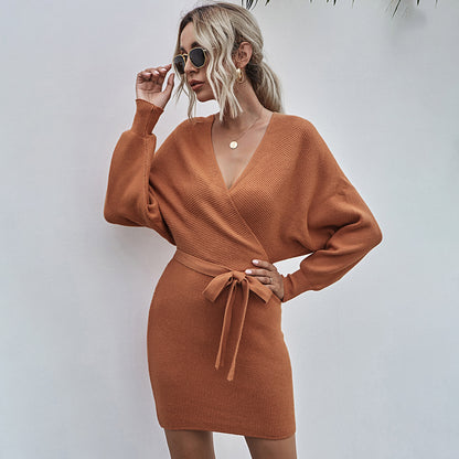 Maelle™ | V‑Neck Knit Dress with Balloon Sleeves