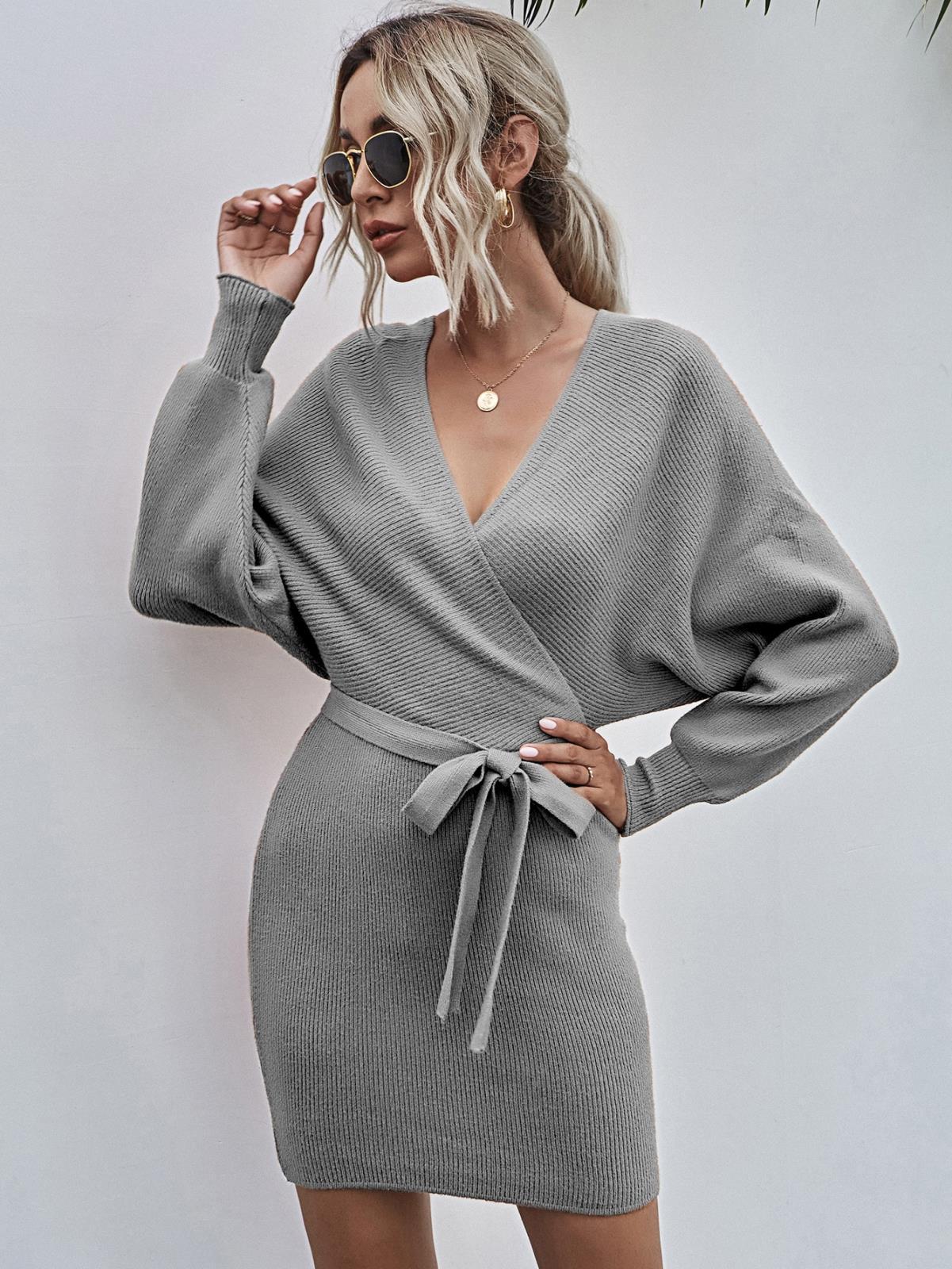 Maelle™ | V‑Neck Knit Dress with Balloon Sleeves